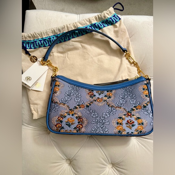 Tory Burch Monogram Brocade Shoulder Bag "Sea Frost” Blue - Picture 4 of 11
